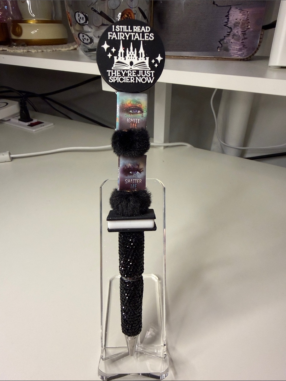 Black Glitter Pom-Pom Ballpoint Pen with Novelty Tag